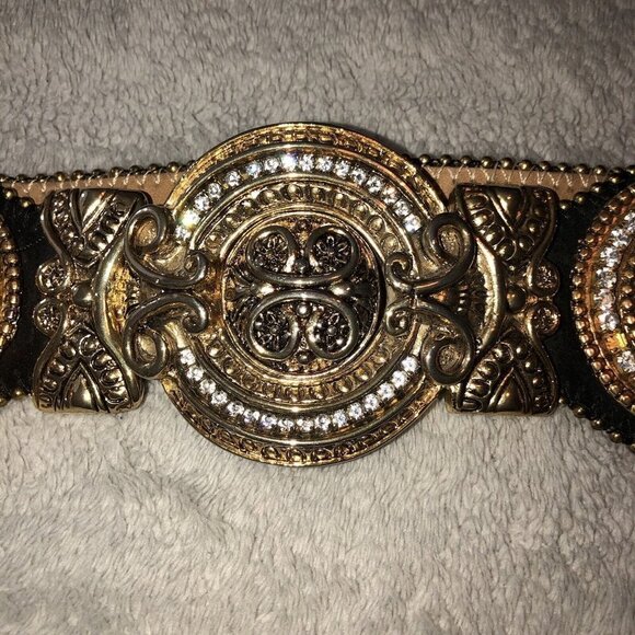 Vintage IBEL Italy Black Suede Adjustable Gold Buckle Details Jewels Waist - Picture 6 of 11